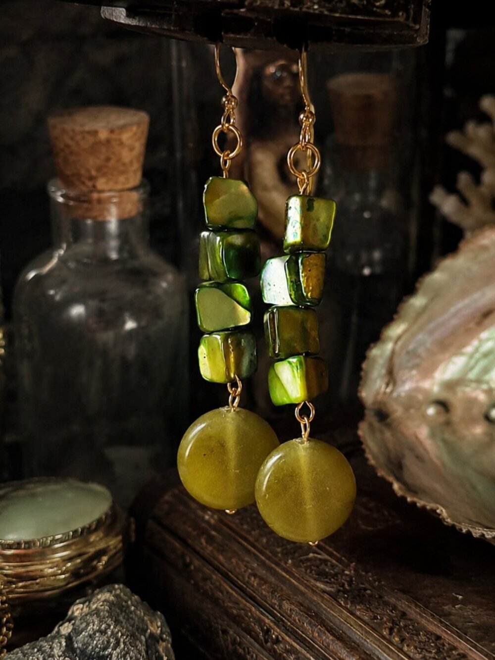 Coastal Green Mother of Pearl & Serpentine Stone Earrings: 24k Gold Plated Hooks